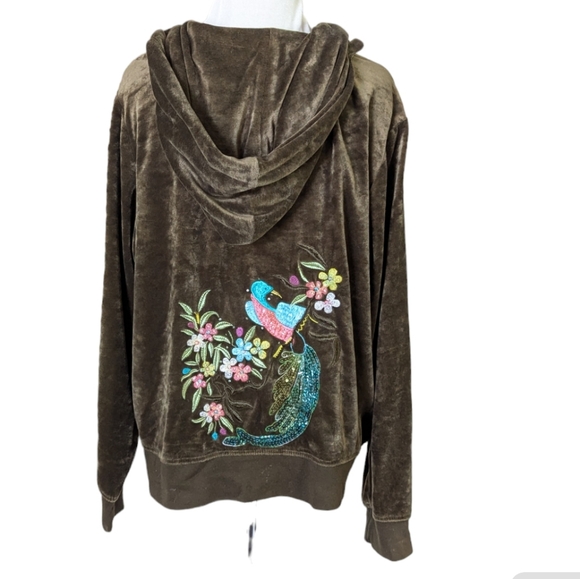 BCBG Y2K Green Velour Jacket 1X Sequin Peacock Design Zip Up Hoodie Sweater - Picture 2 of 8